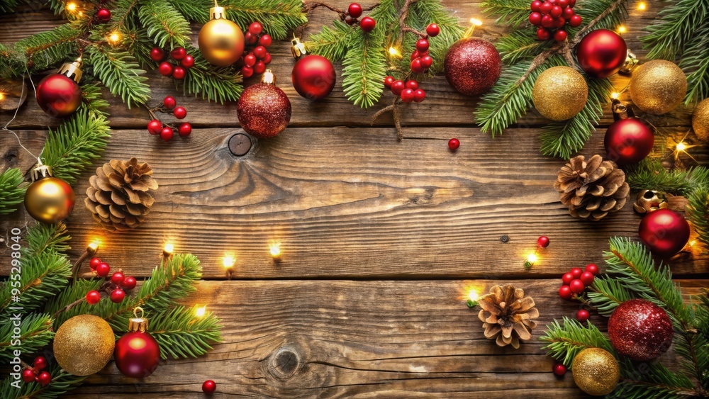 Rustic Christmas Background with Pine Branches, Red and Gold Ornaments, Pinecones, and Festive Lights Rustic Christmas Background with Pine Branches, Red and Gold Ornaments, Pinecones, and Festive Lights
