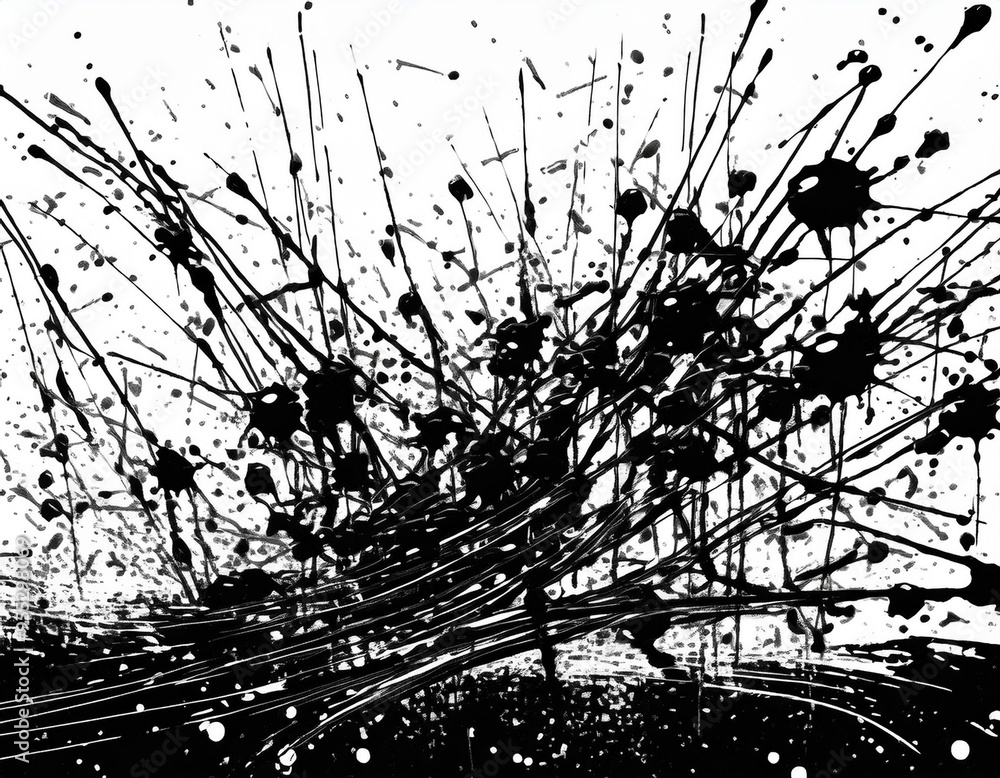 Fototapeta premium Chaotic Ink Drops Splattered Black Abstract Liquid Texture on White Background