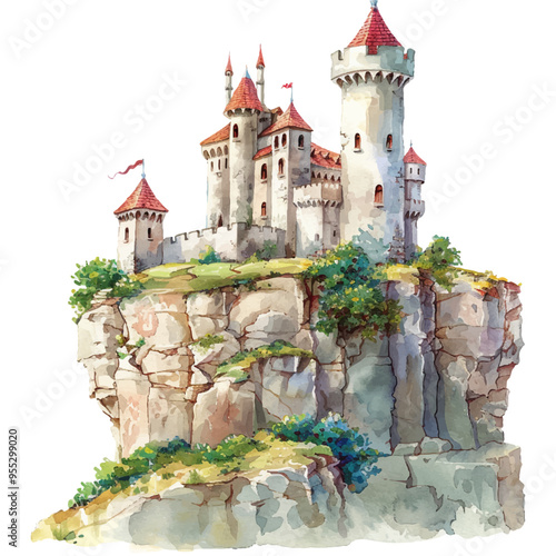 castle on cliff lanscape vector illustration in watercolor style