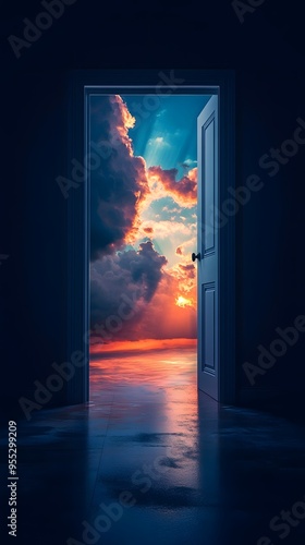 An open door leading to the sky, with colorful clouds swirling around it and light streaming through the window onto an empty floor below