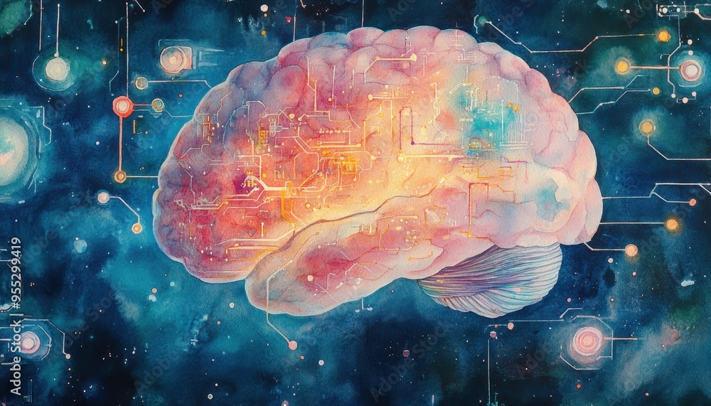 Fototapeta premium Merging Realms: Watercolor Brain Infused with Neurons, Digital Circuits, and Bright Ideas