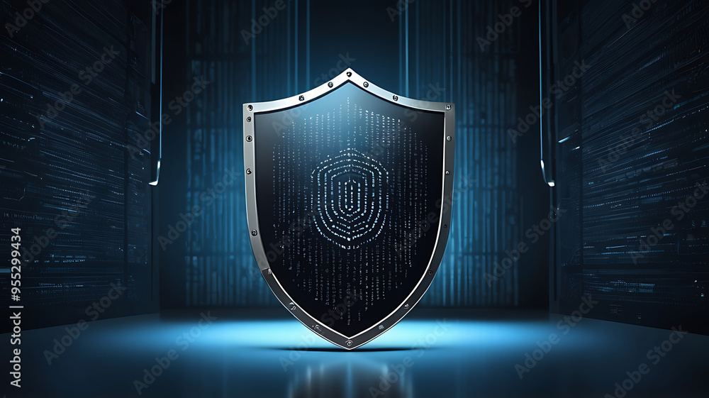 Fototapeta premium A shield protecting a computer with binary code in the background, representing cybersecurity and data protection, in a minimalist style