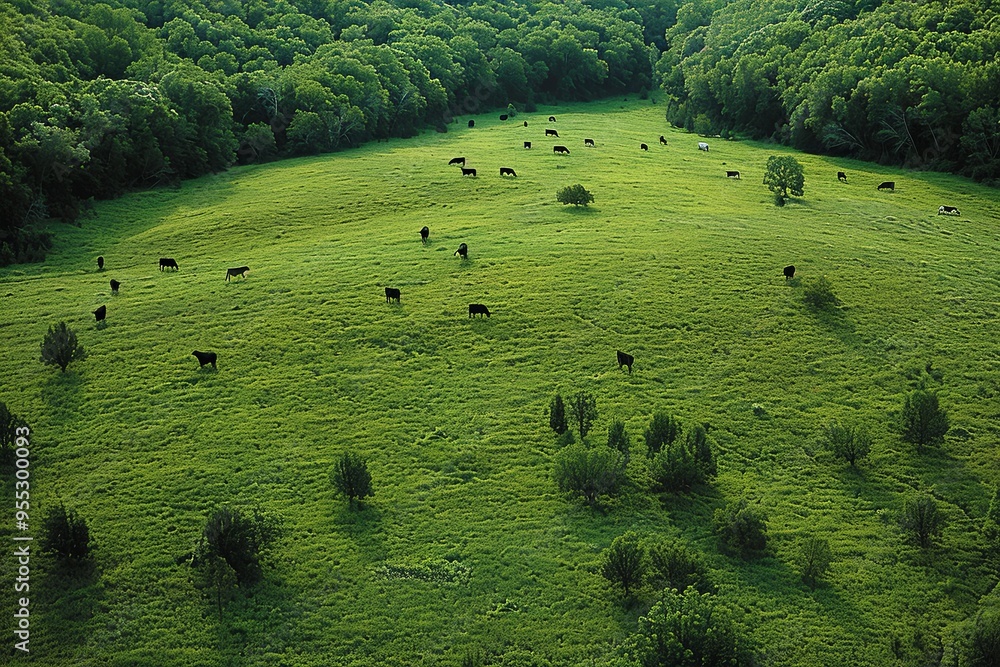 Herd of cows are grazing in a lush green field. Aerial view