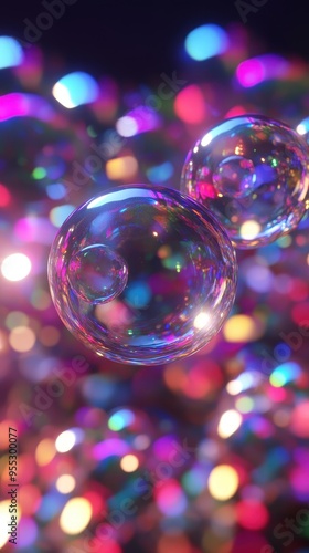 Bubbles drift through a lively background of shimmering colors, enhancing the joyful and playful mood of the composition