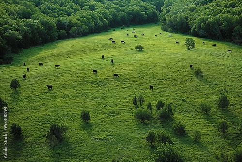 Obraz na płótnie Herd of cows are grazing in a lush green field. Aerial view w salonie