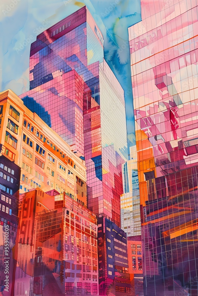 Abstract view of pink glass buildings reflecting light, creating a modern architectural scene,watercolor Abstract view of pink glass buildings reflecting light, creating a modern architectural scene,watercolor