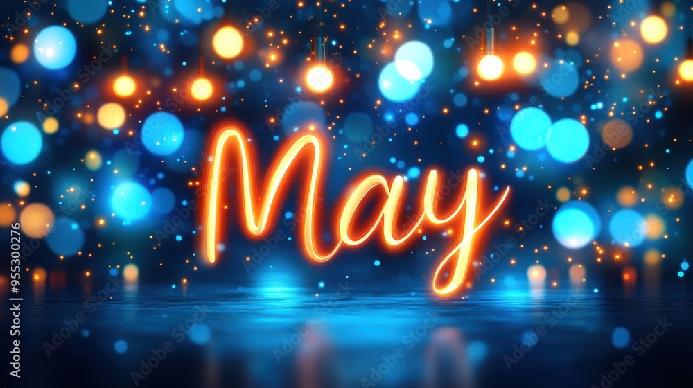 Glowing May text surrounded by blue and orange bokeh lights. Glowing May text surrounded by blue and orange bokeh lights.