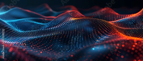 Abstract wave of dots in blue and red on a dark background