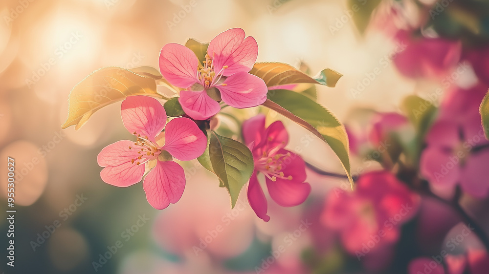 Obraz premium A close-up shot of vibrant pink cherry tree flowers blooming in the spring sunlight, set against a soft, blurred background of green leaves. Ai generated