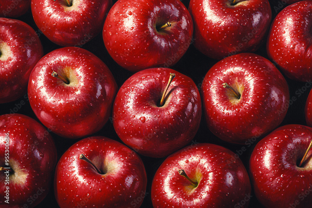 A detailed close-up of red apples, showing their tightly packed arrangement. The apples have a vibrant red color and a glossy, reflective surface that catches the light. The subtle differences in the A detailed close-up of red apples, showing their tightly packed arrangement. The apples have a vibrant red color and a glossy, reflective surface that catches the light. The subtle differences in the