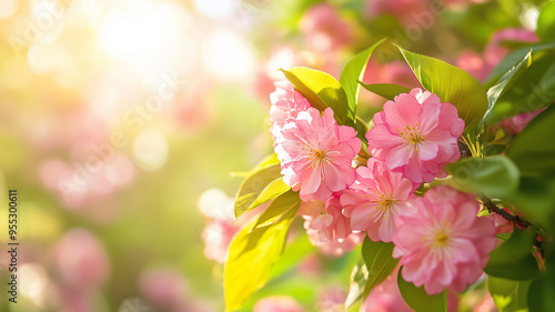 A close-up shot of vibrant pink cherry tree flowers blooming in the spring sunlight, set against a soft, blurred background of green leaves. Ai generated