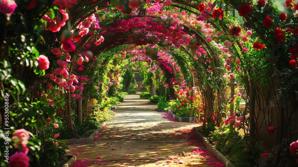 Obraz premium An enchanting garden path leading through an archway covered in vibrant flowers