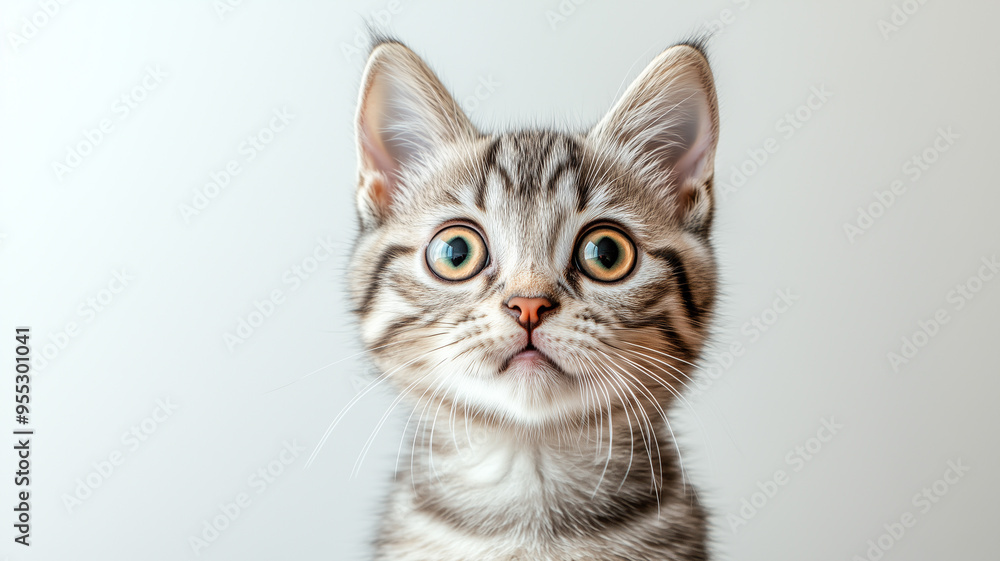 A cute domestic cat with big, wide eyes, looking shocked or surprised. The American Shorthair kitten's face conveys a sense of amazement and curiosity. Ai generated A cute domestic cat with big, wide eyes, looking shocked or surprised. The American Shorthair kitten's face conveys a sense of amazement and curiosity. Ai generated