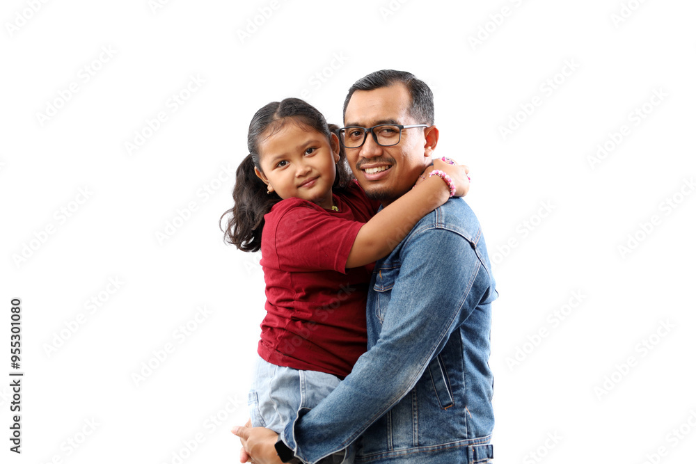 Asian father and daughter hugging. Isolated on white background Asian father and daughter hugging. Isolated on white background