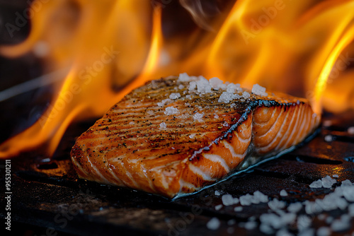 This close-up captures a salmon steak sizzling on a black grill, surrounded by a fiery blaze. The steakâ€™s surface is beautifully seared with a deep brown crust and sharp grill marks. Salt crystals photo