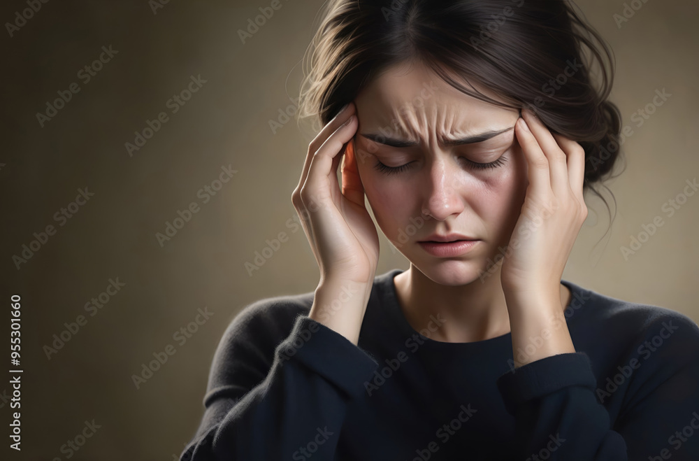 Woman suffering from stress, migraine or a headache grimacing in pain Woman suffering from stress, migraine or a headache grimacing in pain