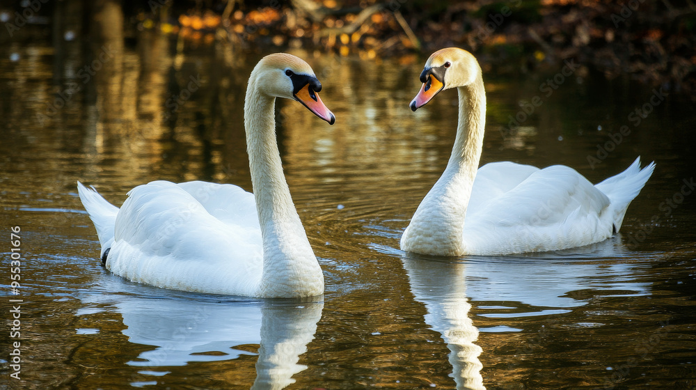 Pair of beautiful white swans swimming in pond at daytime Pair of beautiful white swans swimming in pond at daytime