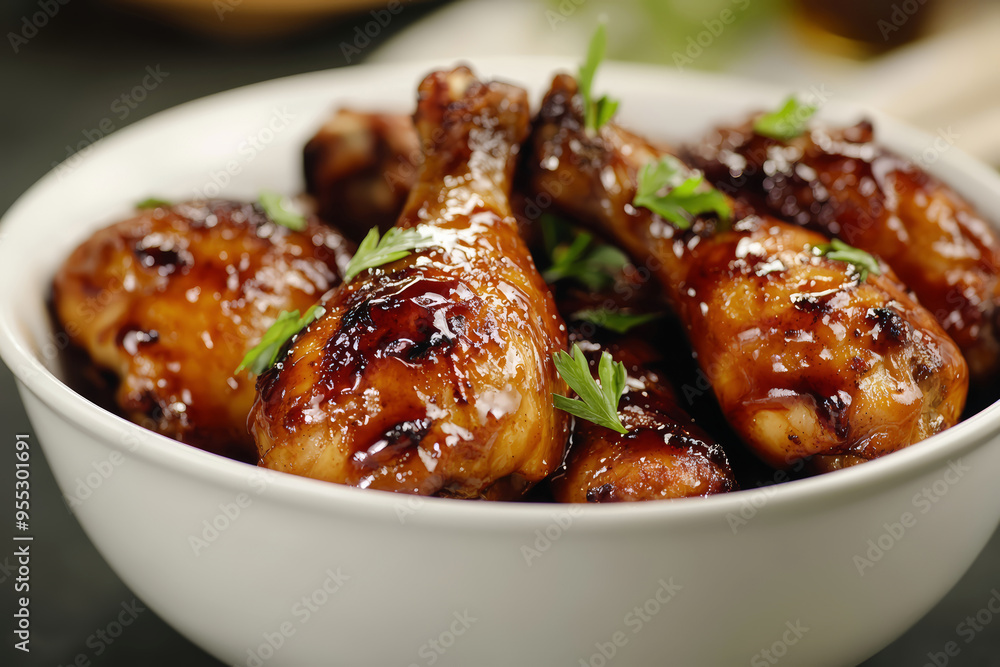 Chicken drumsticks with honey sauce, Asian cooked chicken on the table Chicken drumsticks with honey sauce, Asian cooked chicken on the table