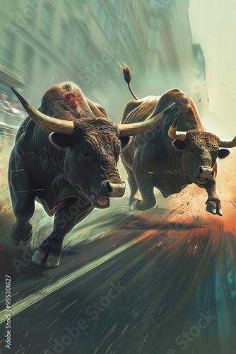 Bear and bull ready to race on a track, symbolizing market competition, dynamic composition