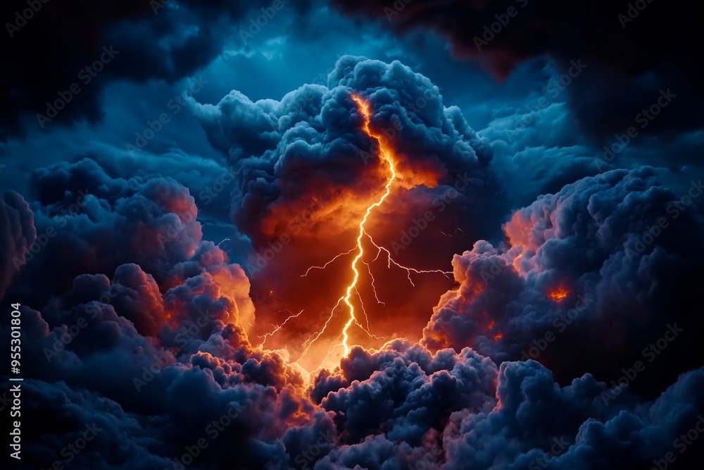 Fototapeta premium Cloud cinematic drama is captured in a low-angle shot of a stormy sky with lightning illuminating the dark clouds, creating a powerful and intense visual