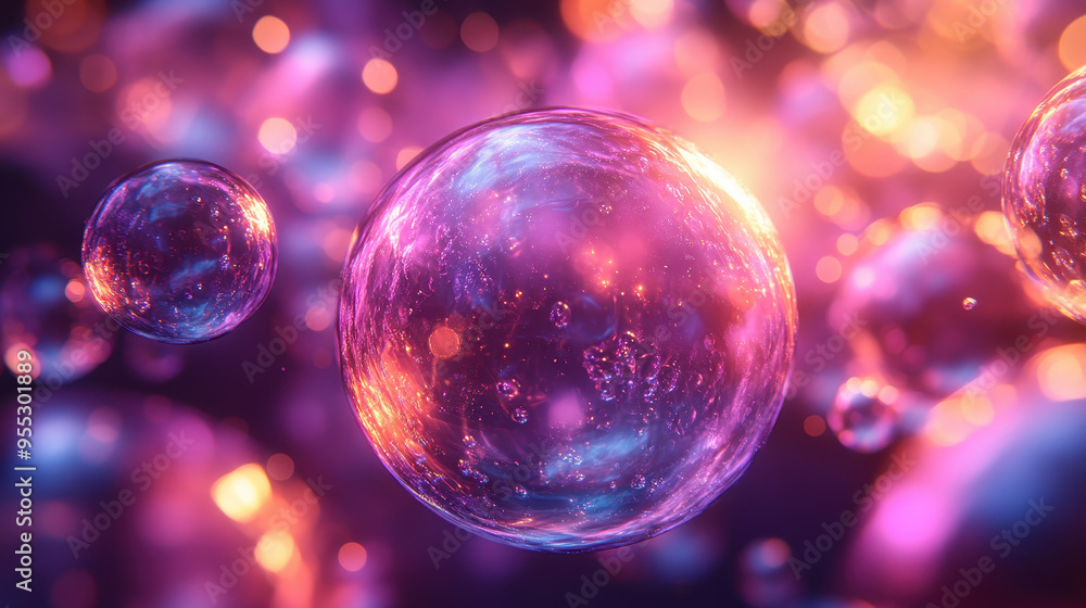 Close-up of glowing, iridescent bubbles floating in an abstract, colorful space, creating a dreamy and surreal atmosphere Close-up of glowing, iridescent bubbles floating in an abstract, colorful space, creating a dreamy and surreal atmosphere