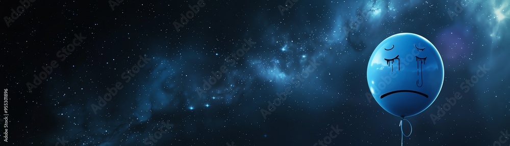 Naklejka premium Blue balloon with a sad face, floating in a dark space