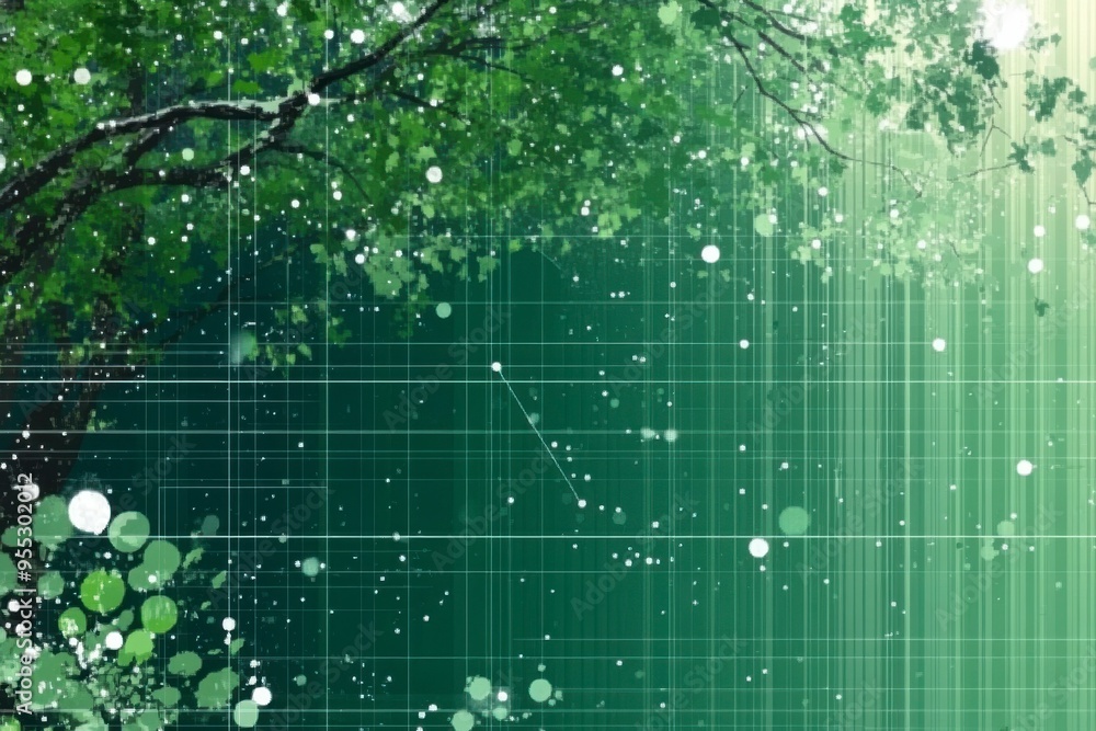 Abstract Green and White Digital Art with Grid and Circles Abstract Green and White Digital Art with Grid and Circles