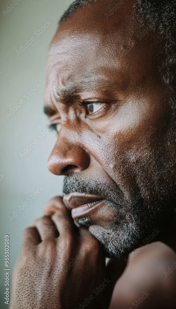 Fototapeta premium Pensive Middle-Aged Black Man in Quiet Room, Showing Authentic Emotions - Muscular Build, Soft Lighting, Thoughtful Mood, Close-Up