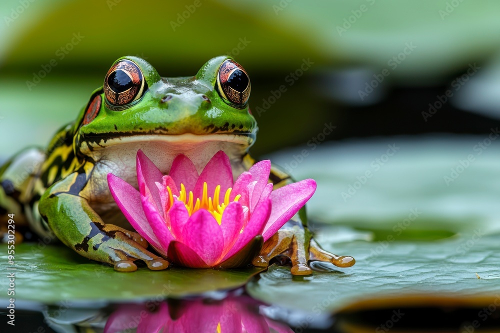 Green Frog Holding a Pink Water Lily on a Lily Pad Green Frog Holding a Pink Water Lily on a Lily Pad