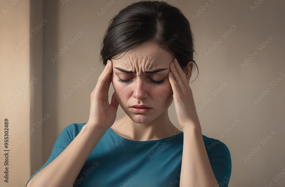 Woman suffering from stress, migraine or a headache grimacing in pain Woman suffering from stress, migraine or a headache grimacing in pain