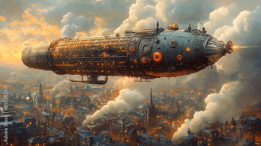 Illustration of steampunk airship flying over a Victorian city with gears pipes and steam clouds Illustration of steampunk airship flying over a Victorian city with gears pipes and steam clouds