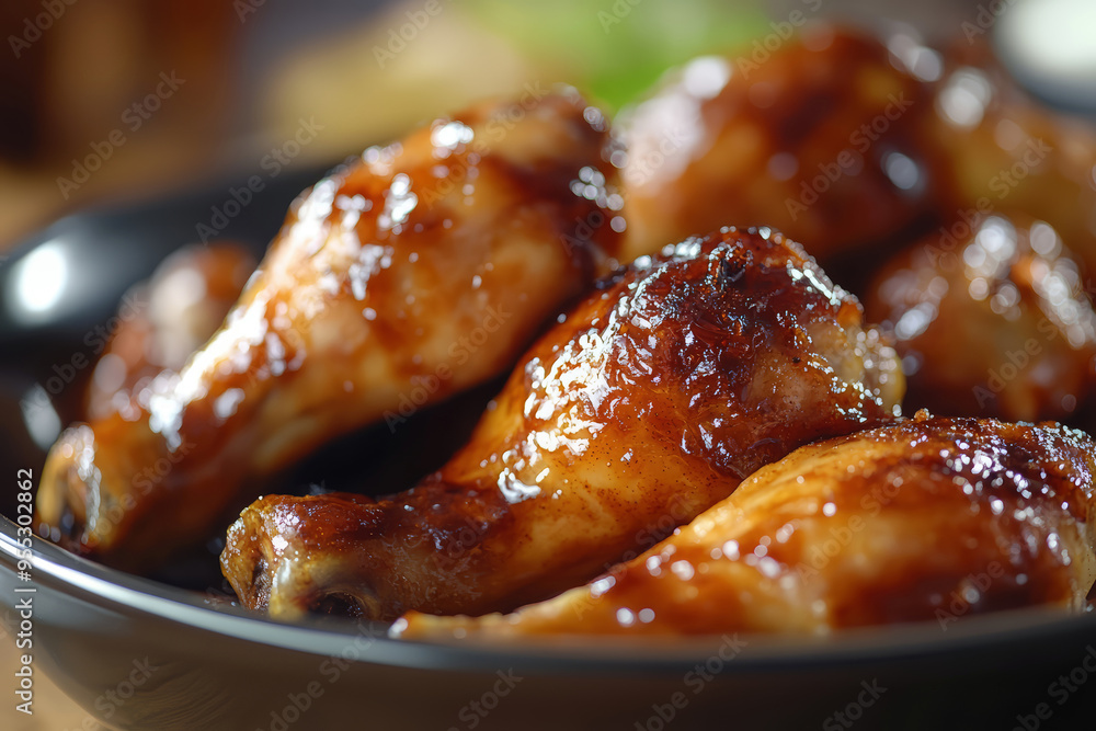 Chicken drumsticks with honey sauce, Asian cooked chicken on the table Chicken drumsticks with honey sauce, Asian cooked chicken on the table