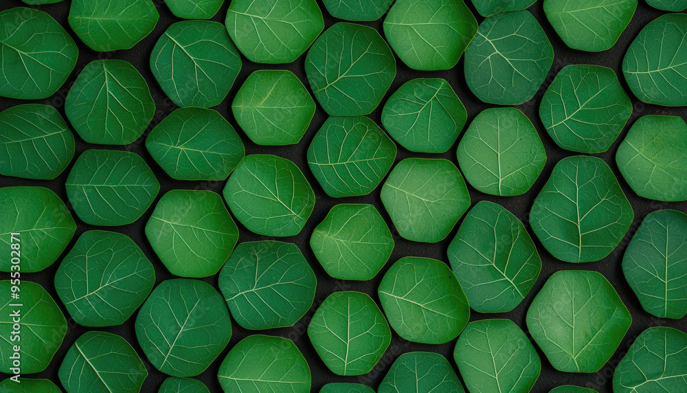 A vibrant collection of hexagonal green leaves arranged in a seamless pattern, perfect for nature-themed designs. A vibrant collection of hexagonal green leaves arranged in a seamless pattern, perfect for nature-themed designs.