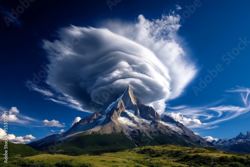 Cloud cinematic swirling motion is captured in a time-lapse sequence of clouds swirling around a mountain peak, creating a dramatic and epic scene photo