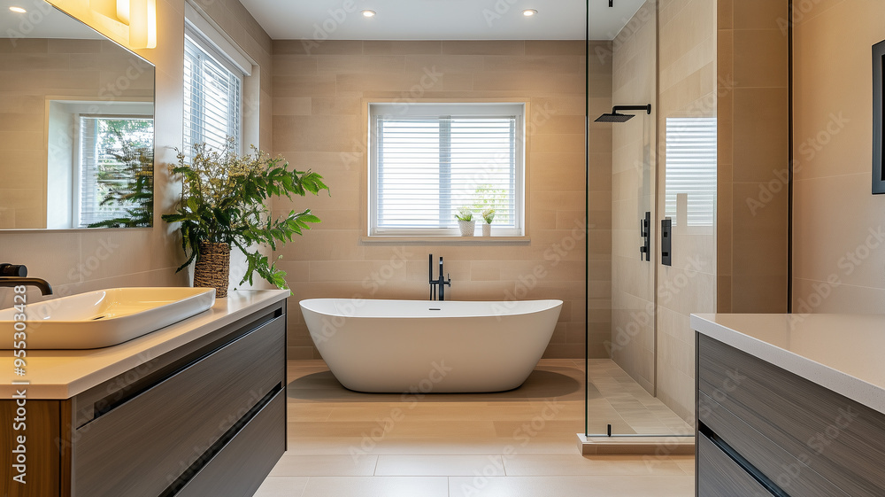 A luxurious bathroom with a clean, neutral color scheme. Features a masculine design with a white freestanding bathtub, minimalist sink, and light tile flooring. Ai generated A luxurious bathroom with a clean, neutral color scheme. Features a masculine design with a white freestanding bathtub, minimalist sink, and light tile flooring. Ai generated