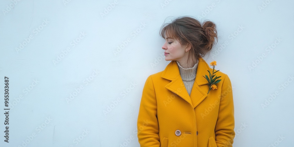 Young Woman in Yellow Coat with Tropical Flower on White Wall - Minimalistic Christmas, Afternoon Mood Young Woman in Yellow Coat with Tropical Flower on White Wall - Minimalistic Christmas, Afternoon Mood
