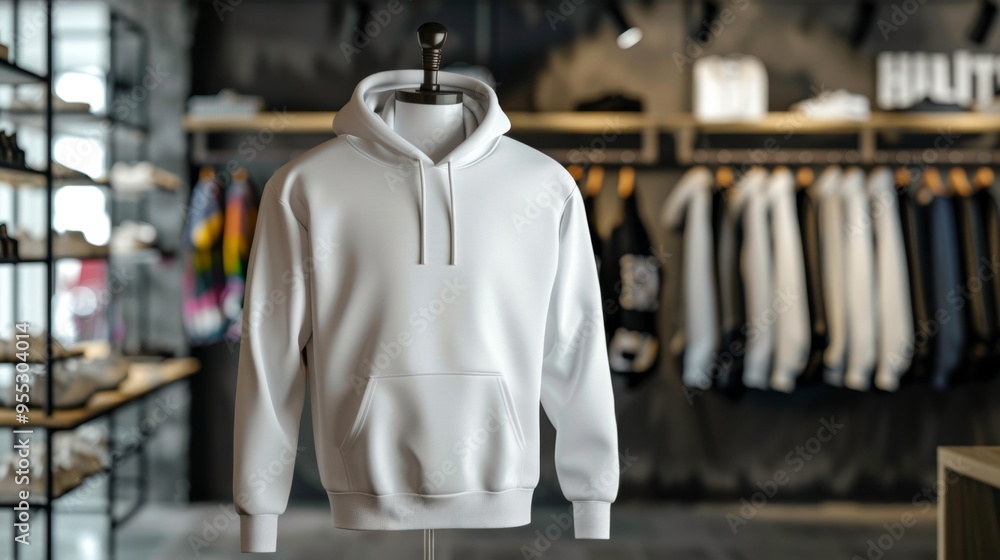 mockup of a white sweatshirt hanging on a mannequin in a clothing store mockup of a white sweatshirt hanging on a mannequin in a clothing store