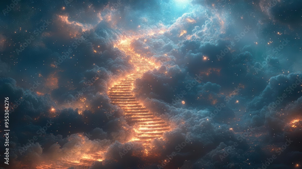 ethereal staircase spiraling into cloudy sky each step made of shimmering light surrounded by floating celestial objects ethereal staircase spiraling into cloudy sky each step made of shimmering light surrounded by floating celestial objects