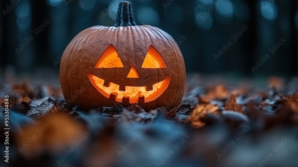Fototapeta premium A brightly lit jack-o'-lantern with a cheerful, carved face sits among autumn leaves in a forest, creating a warm and festive Halloween atmosphere