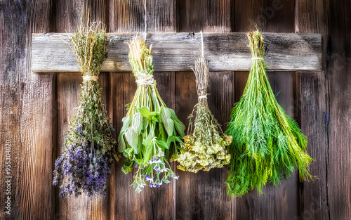 various herb bouquets hung to dry in front of a rustic wooden wall, AI generated