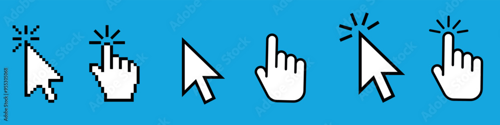 Cursor icons set. Cursor set in hand, arrow and mouse forms, mouse click cursor set, arrow and hand pointer. Vector illustration Cursor icons set. Cursor set in hand, arrow and mouse forms, mouse click cursor set, arrow and hand pointer. Vector illustration