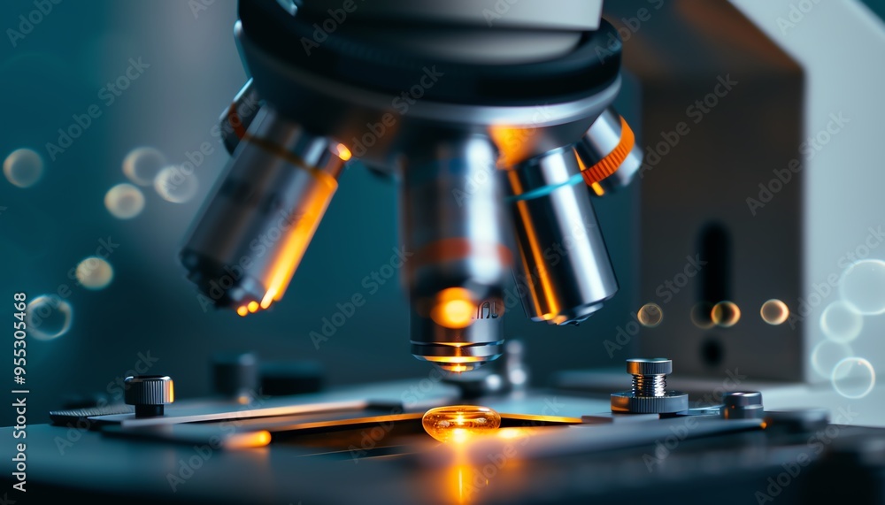 Closeup of a microscope, focused light, detailed and precise, scientific research Closeup of a microscope, focused light, detailed and precise, scientific research