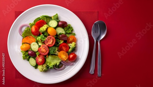 Top view a white plate Special delicious various kinds of vegetable healthy salad on the red abstract background. Copy Space, World Food Day concepts