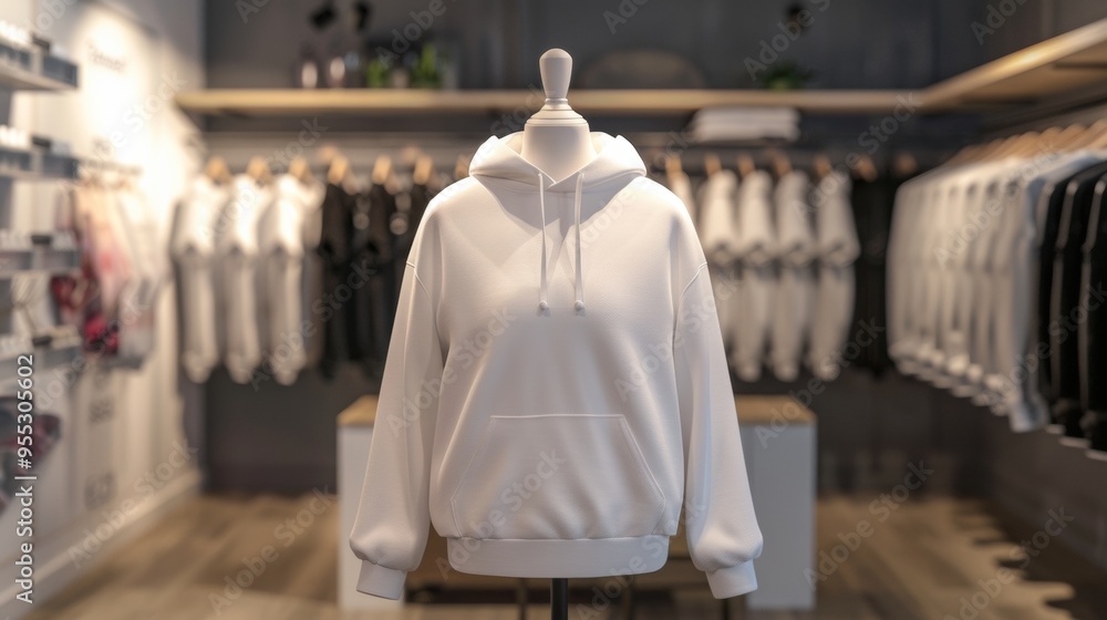 mockup of a white sweatshirt hanging on a mannequin in a clothing store mockup of a white sweatshirt hanging on a mannequin in a clothing store