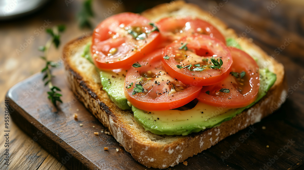A slice of toasted sourdough bread topped with creamy avocado and bright red tomato slices, captured on a wooden table with natural lighting A slice of toasted sourdough bread topped with creamy avocado and bright red tomato slices, captured on a wooden table with natural lighting
