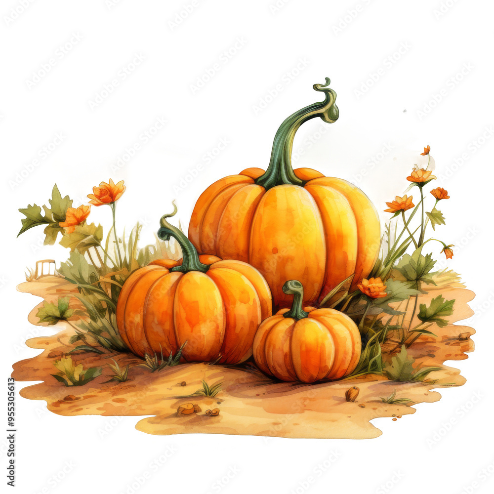 Watercolor Pumpkin Patch Isolated on a Transparent Background