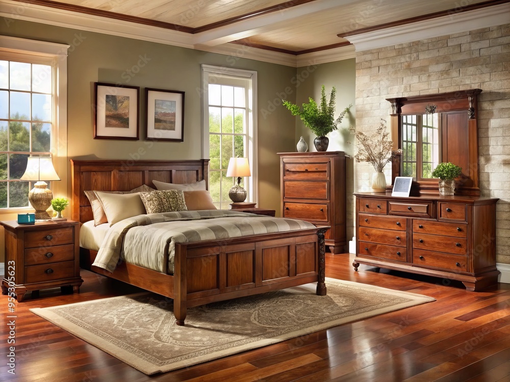 Fototapeta premium Sophisticated and welcoming, the solid wood bedroom set creates a haven of comfort and tranquility in a spacious