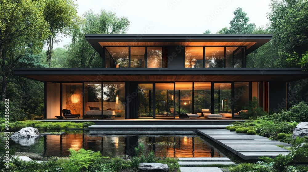 Modern house surrounded by lush greenery and a serene pond. Modern house surrounded by lush greenery and a serene pond.