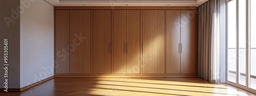 3D rendering of an empty room featuring a built in wooden wardrobe with four sapele wood doors and laminate flooring photo