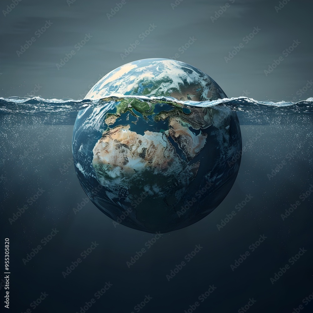 Fototapeta premium Partially Submerged Planet Earth Representing Climate Change Crisis Concept